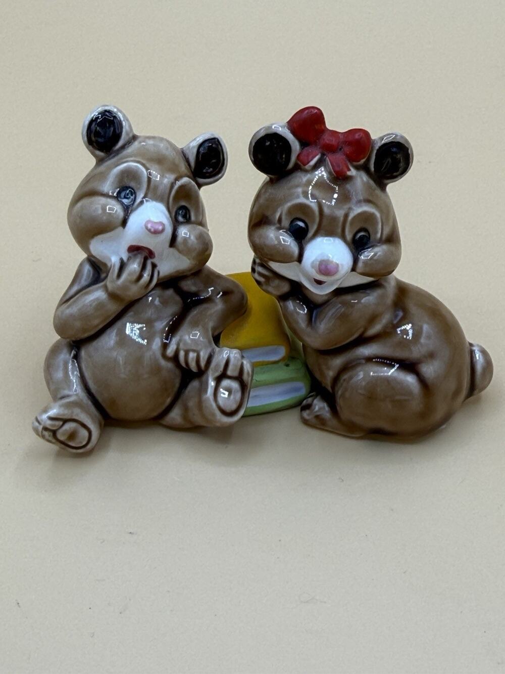 Vintage Ceramic Bear Figurines Pair Books Red Bow Cute Anthropomorphic Bears